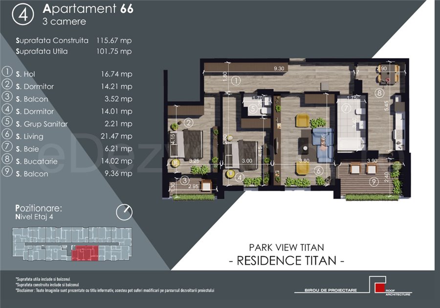 Apartament 3 Camere 102mp Park View Residence Titan