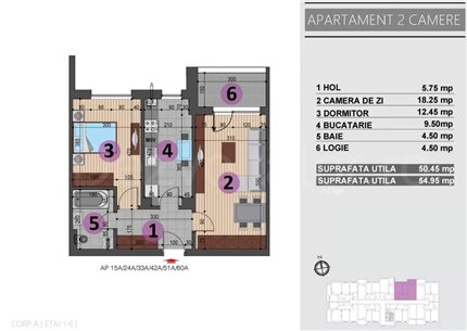 Apartament 2 Camere 55mp Complex Bucuria Residence