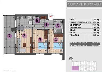 Apartament 3 Camere 79mp Complex Bucuria Residence