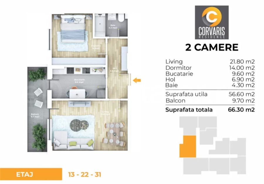 Apartament 2 Camere 66mp Corvaris Residence 22
