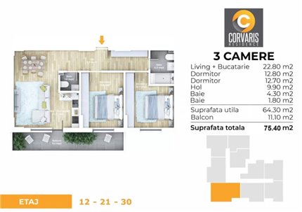 Apartament 3 Camere 75mp Corvaris Residence 22