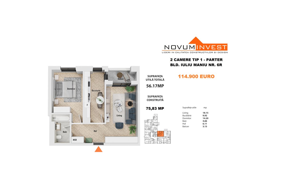 Apartament 2 Camere 56mp Novum Politehnica