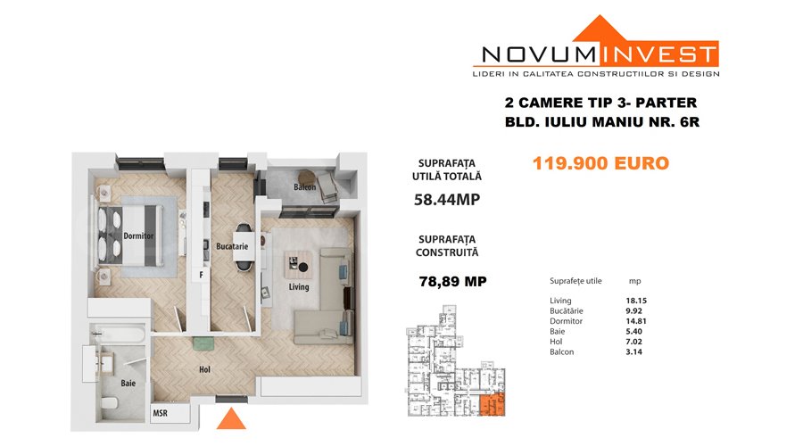 Apartament 2 Camere 58mp Novum Politehnica
