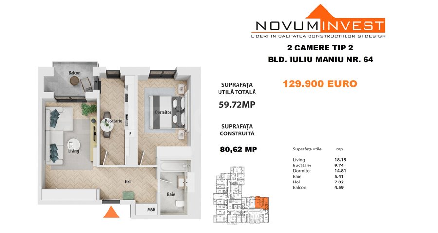 Apartament 2 Camere 60mp Novum Politehnica