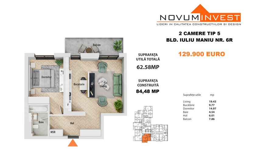 Apartament 2 Camere 63mp Novum Politehnica