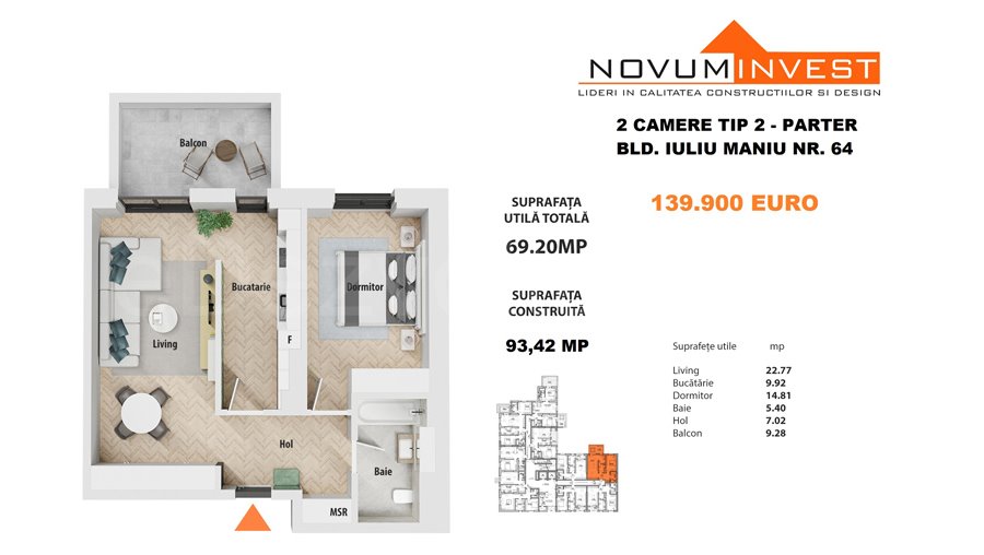 Apartament 2 Camere 69mp Novum Politehnica