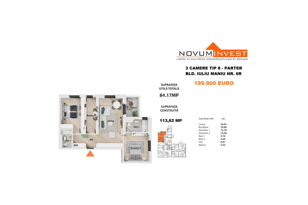 Apartament 3 Camere 84mp Novum Politehnica