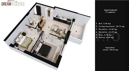 Apartament 3 Camere 59mp Dream Residence