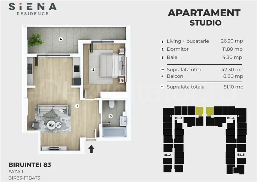 Apartament 2 Camere 51mp Siena Residence