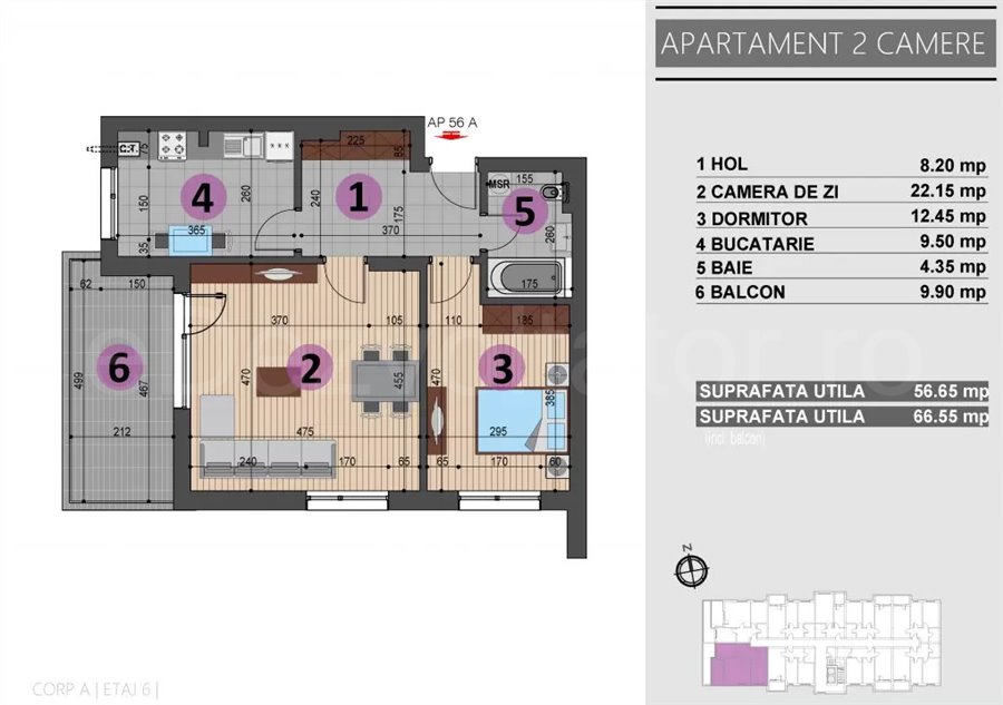 Apartament 2 Camere 67mp Rezidențial Bucuria