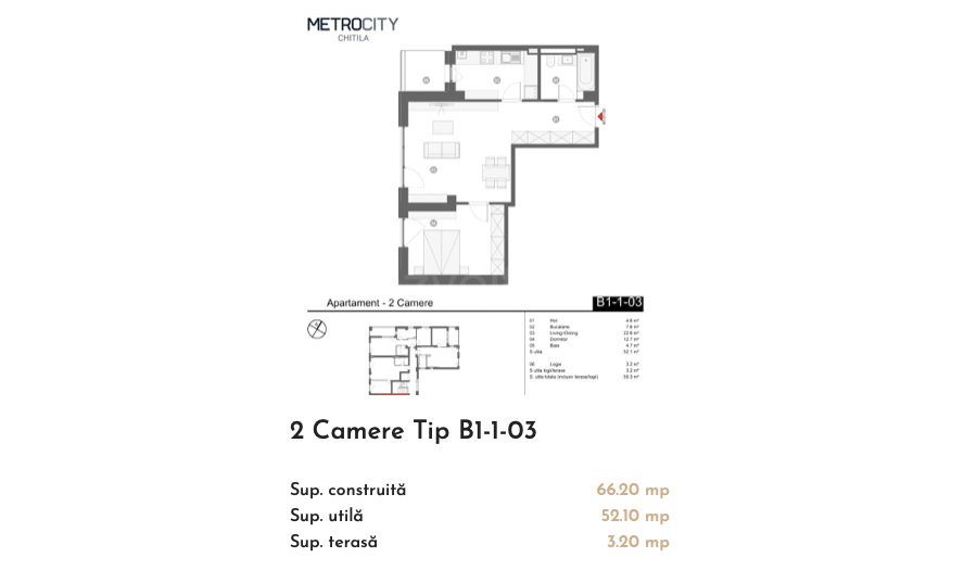 Apartament 2 Camere 52mp MetroCity