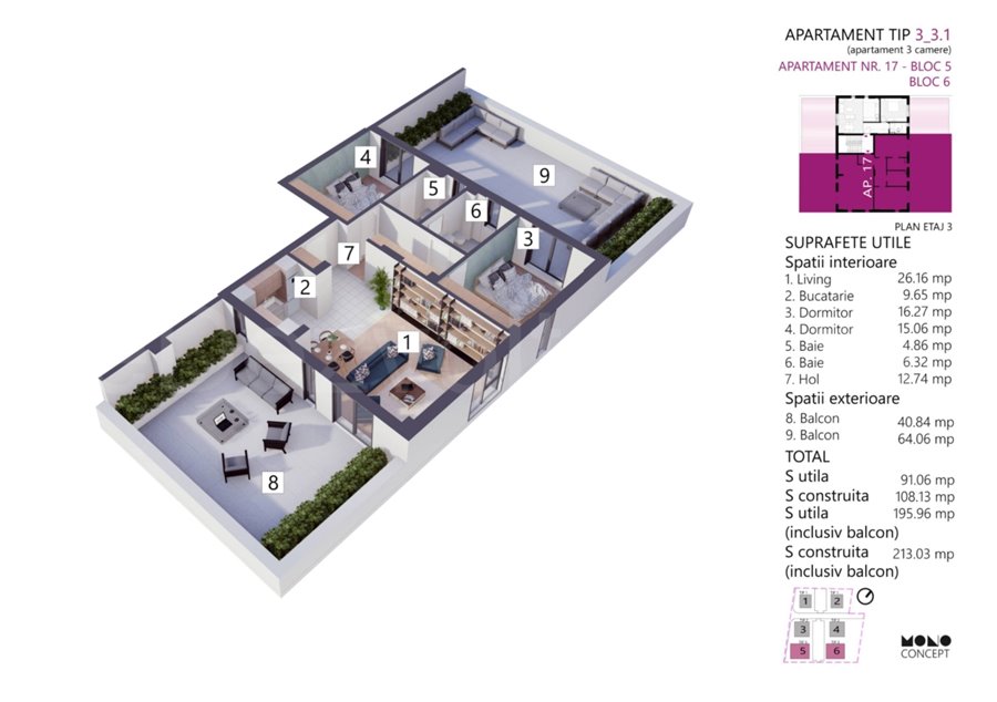 Apartament 3 Camere 196mp Color Life Residence