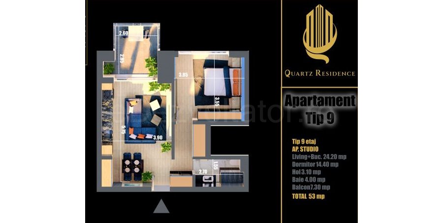 Apartament 2 Camere 53mp Quartz Residence