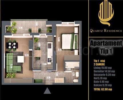 Apartament 2 Camere 63mp Quartz Residence