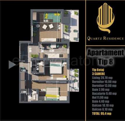 Apartament 3 Camere 95mp Quartz Residence