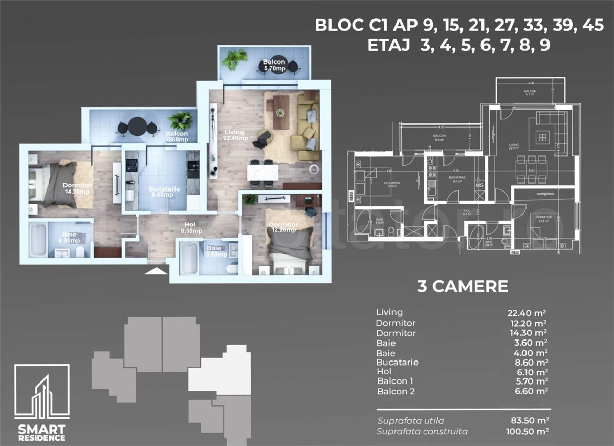 Apartament 3 Camere 84mp Smart Residence
