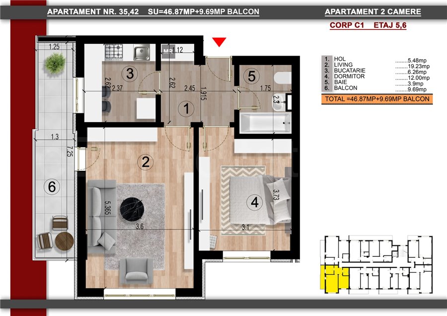 Apartament 2 Camere 57mp Perla Residence
