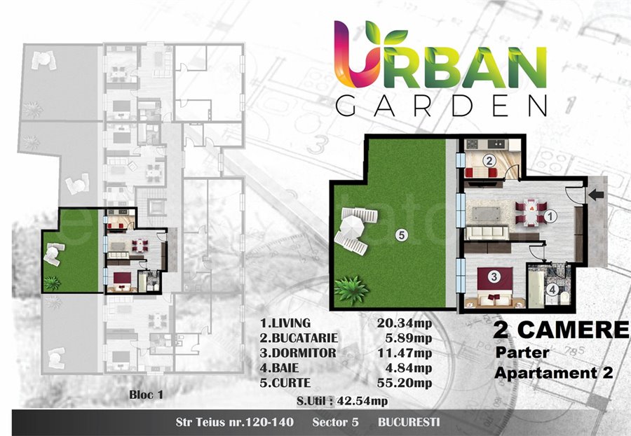 Apartament 2 Camere 43mp Urban Garden