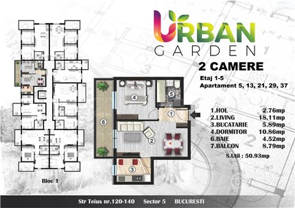 Apartament 2 Camere 51mp Urban Garden