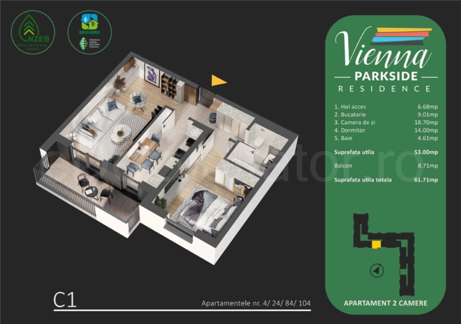 Apartament 2 Camere 62mp Vienna Parkside Residence