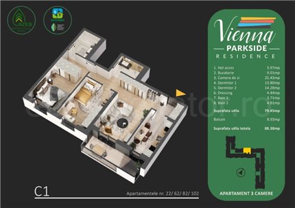 Apartament 3 Camere 88mp Vienna Parkside Residence