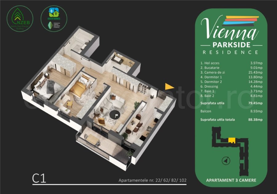 Apartament 3 Camere 88mp Vienna Parkside Residence