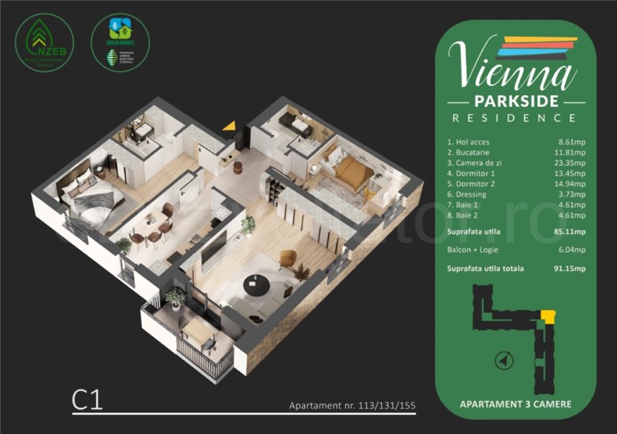 Apartament 3 Camere 91mp Vienna Parkside Residence