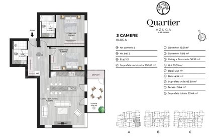 Apartament 3 Camere 93mp Quartier Azuga