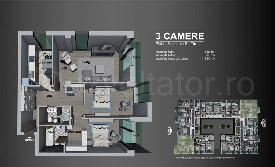 Apartament 3 Camere 118mp Macro Nord Residence