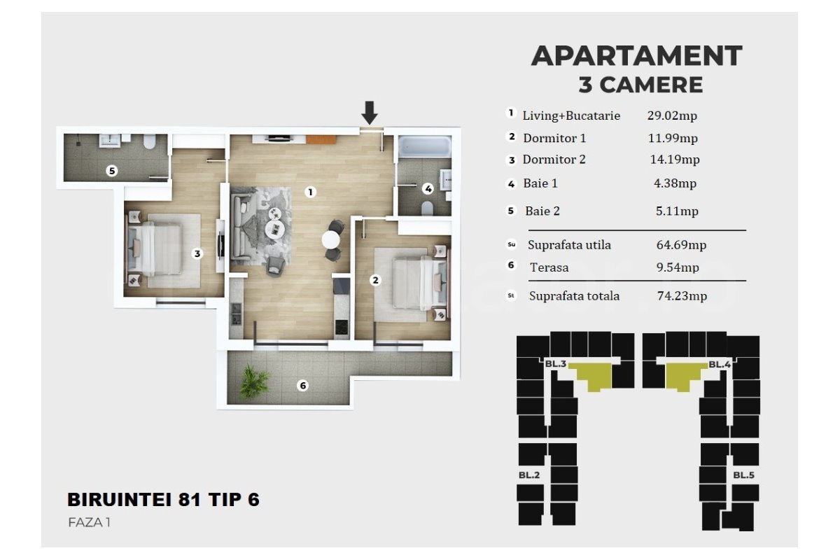 Apartament 3 Camere 74mp Siena Residence