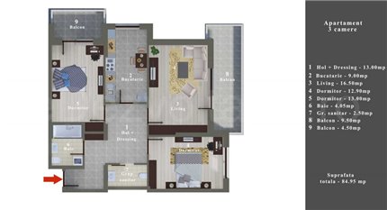 Apartament 3 Camere 85mp 99D Residence