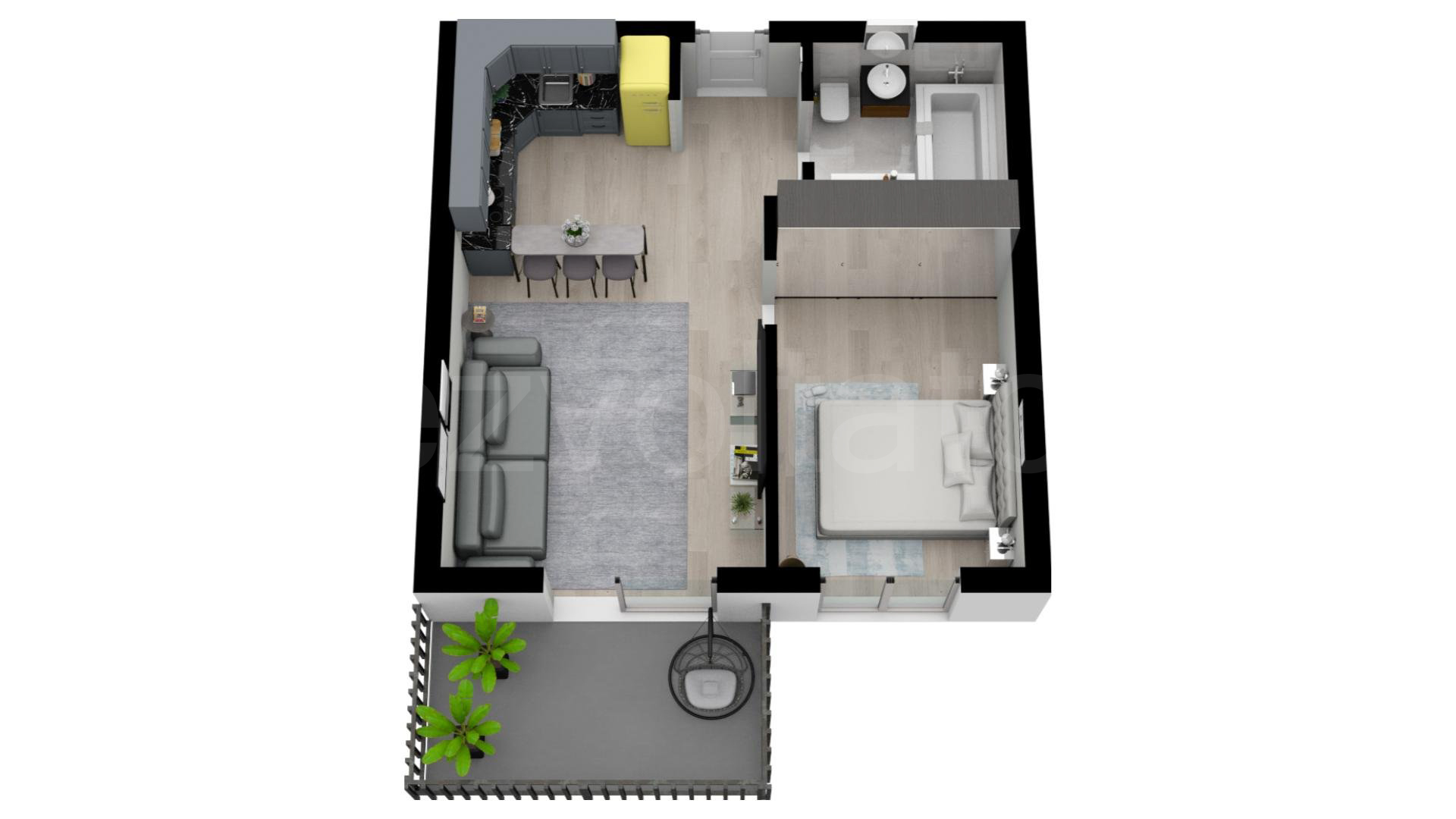 Garsonieră 50mp Greenfield Residence Proiecție 3D 