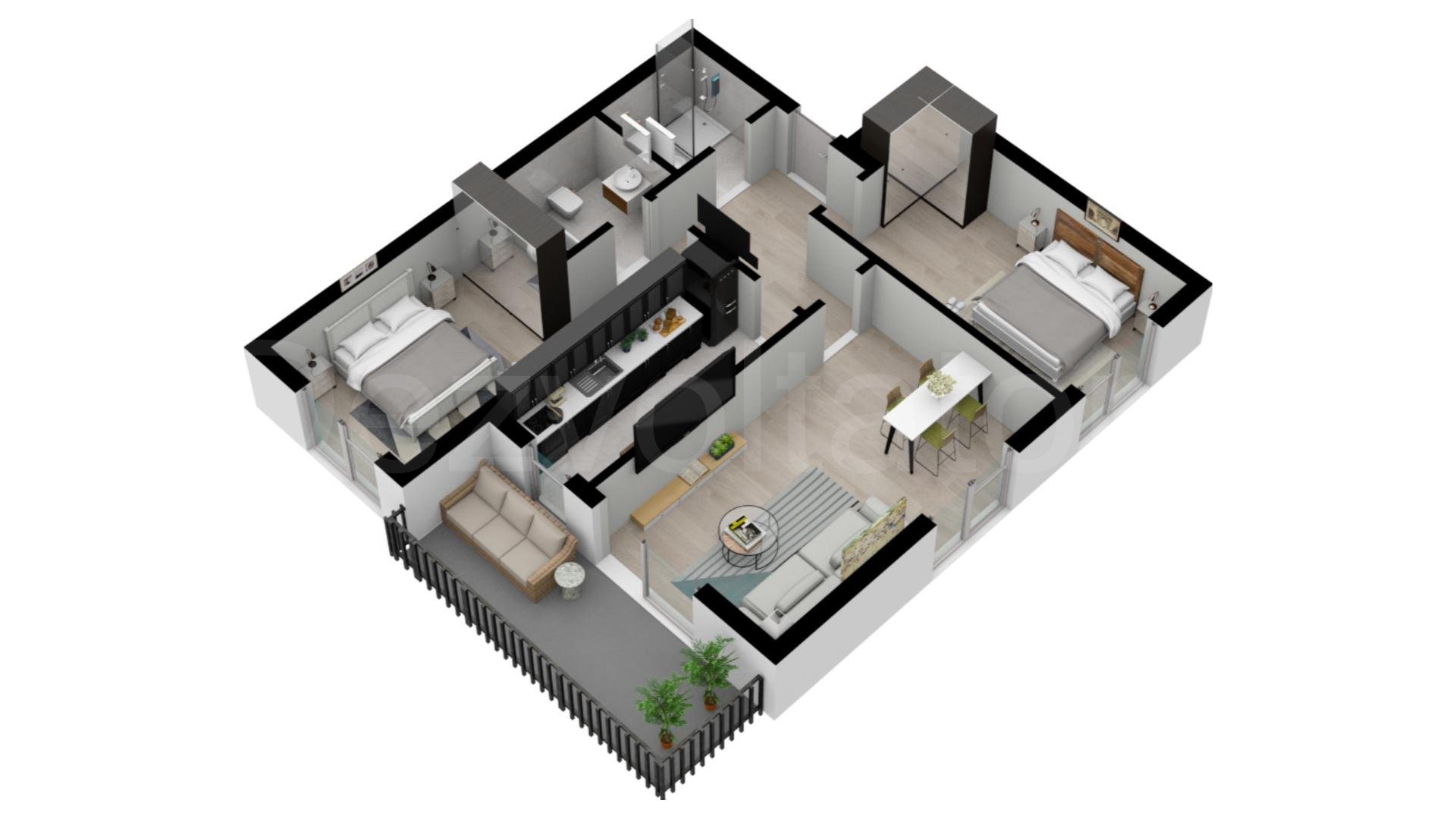 Apartament 3 Camere 88mp Greenfield Residence Proiecție 3D 