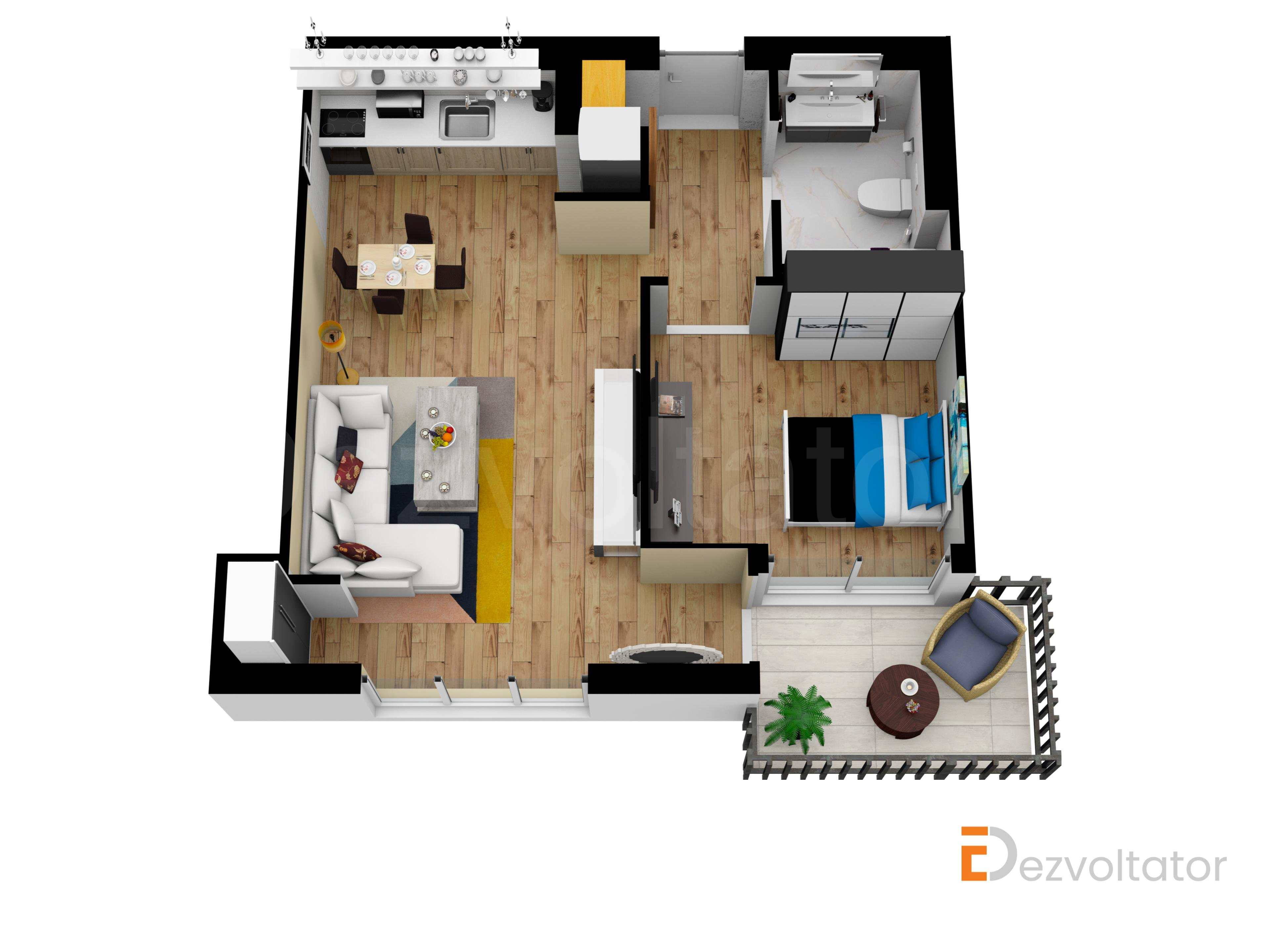 Apartament 2 Camere 44mp Floreasca Residence Proiecție 3D 