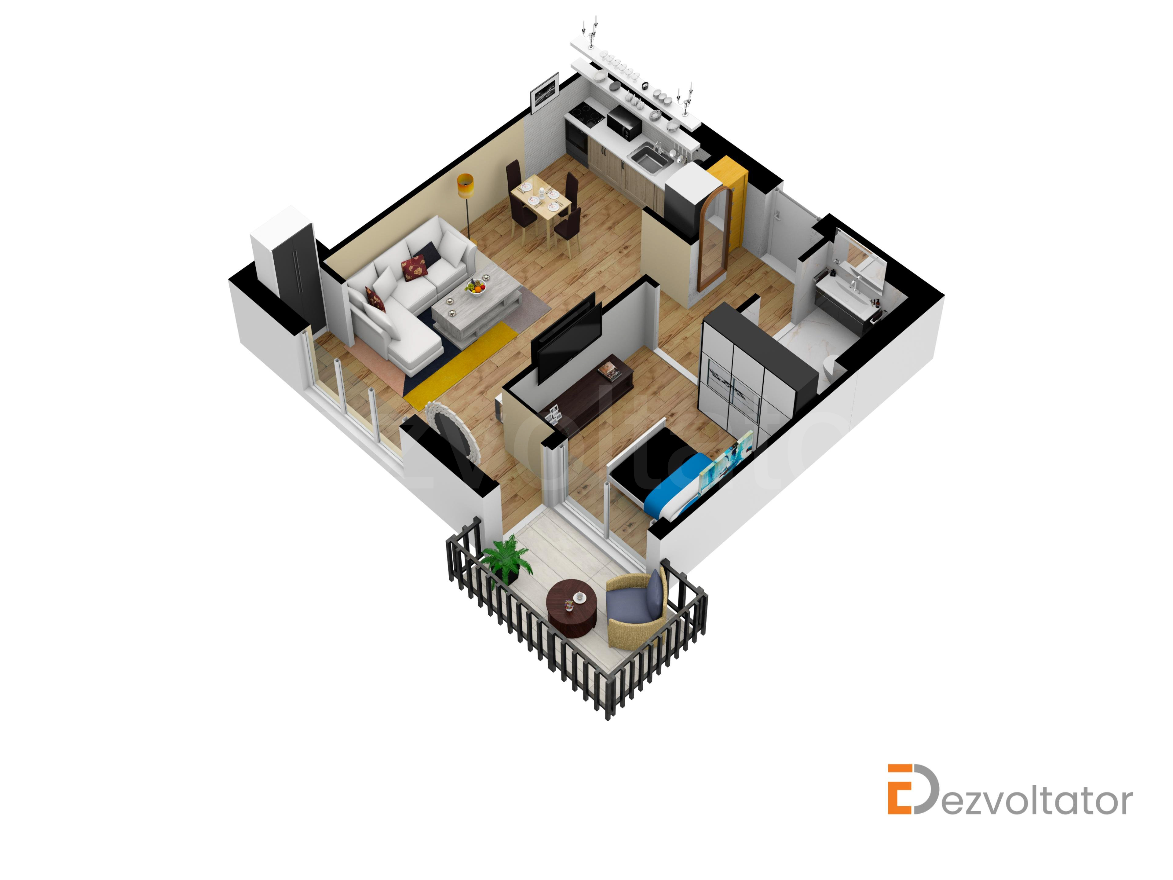 Apartament 2 Camere 44mp Floreasca Residence Proiecție 3D 