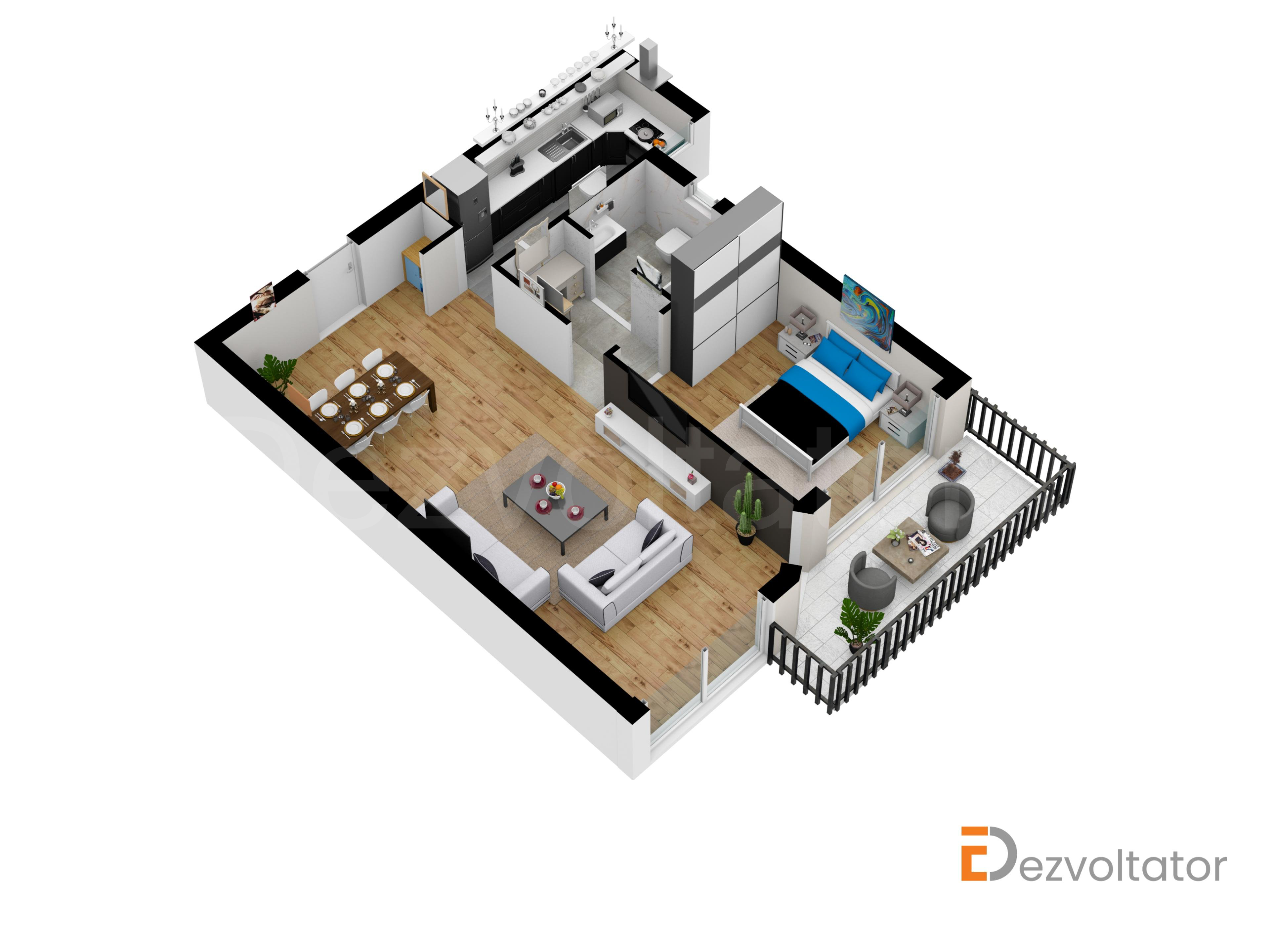 Apartament 2 Camere 69mp Floreasca Residence Proiecție 3D 