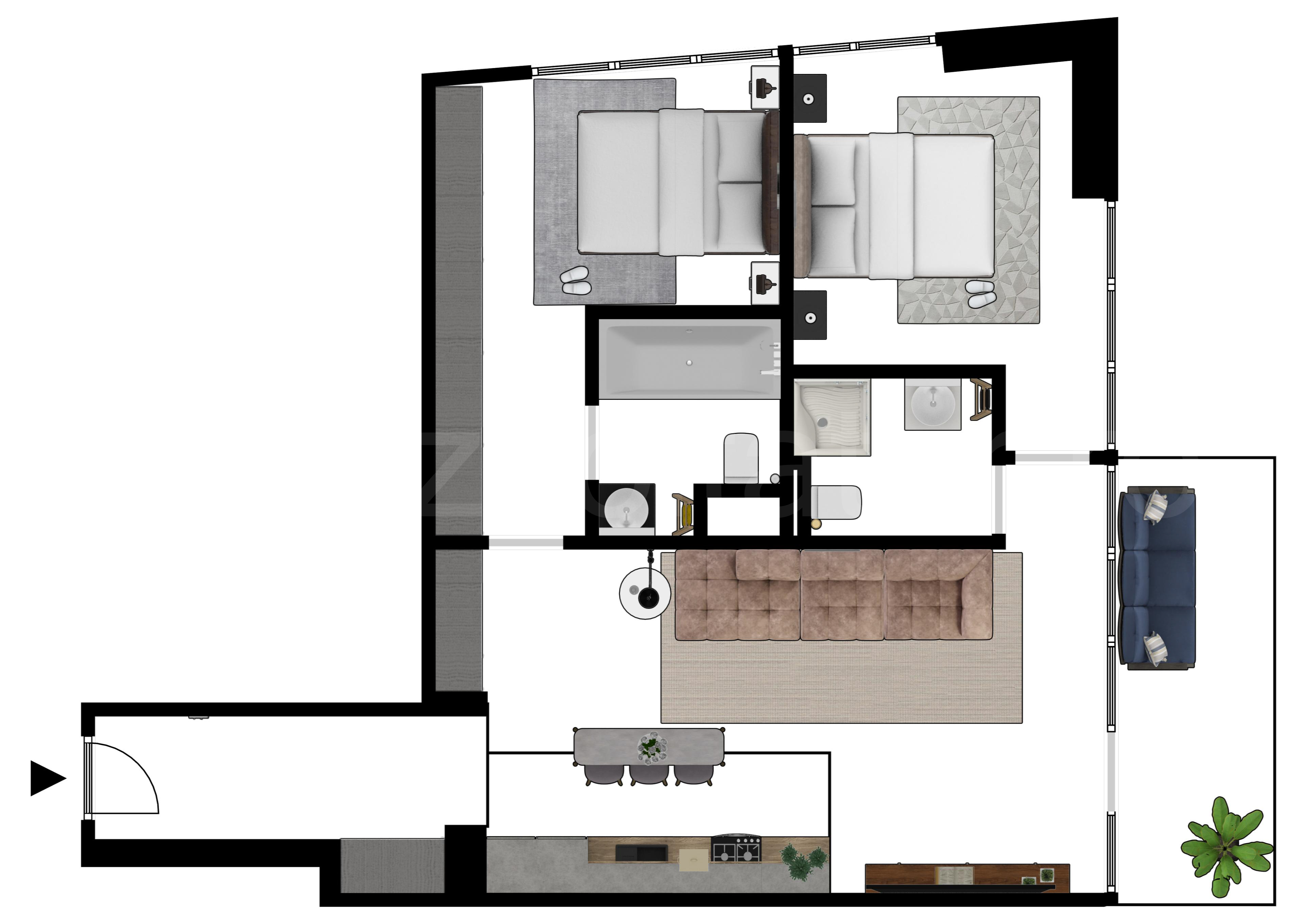 Proiecție 2D Apartament 3 Camere 74mp One Verdi Park Residence 