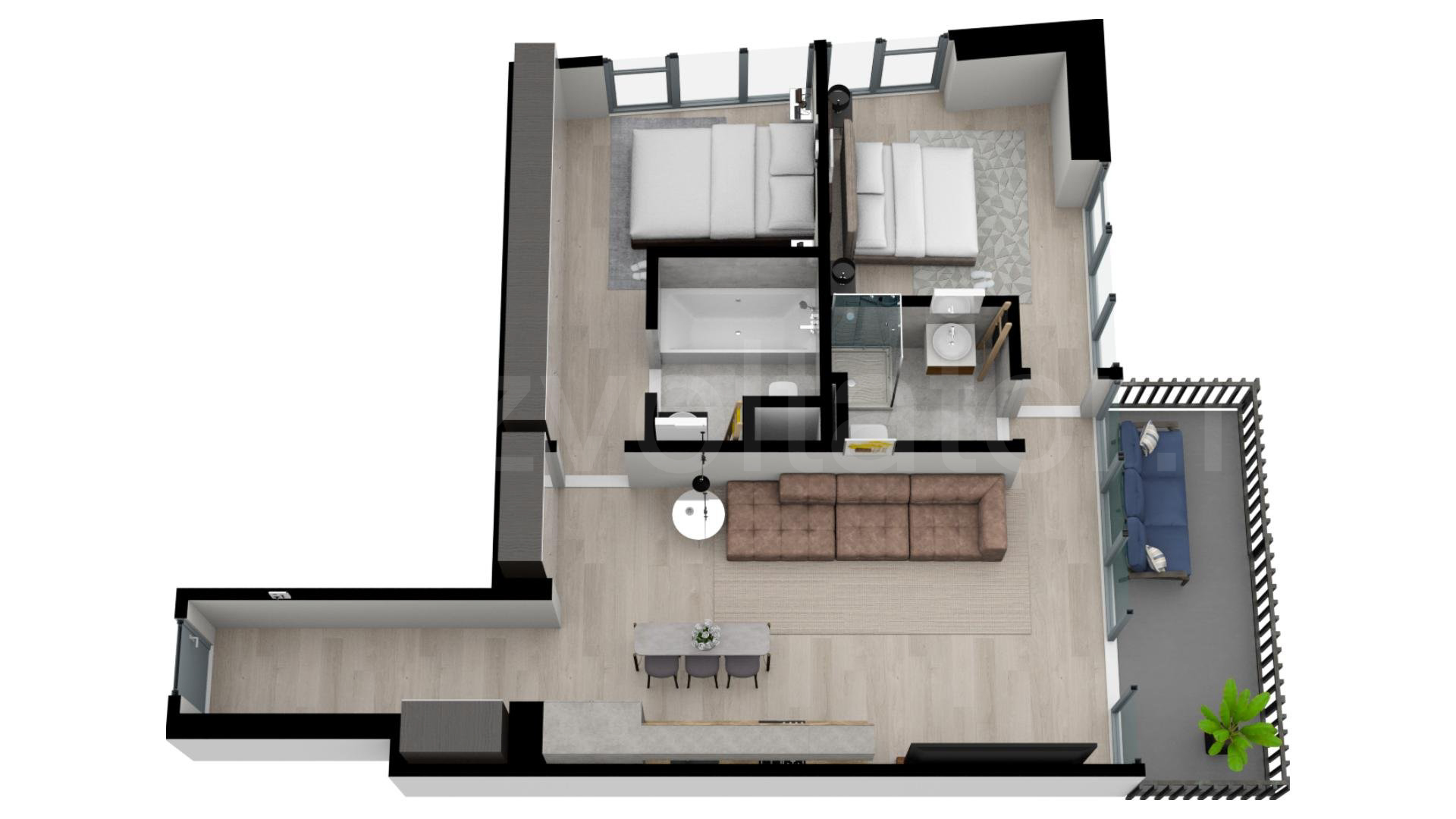 Proiecție 3D Apartament 3 Camere 74mp One Verdi Park Residence