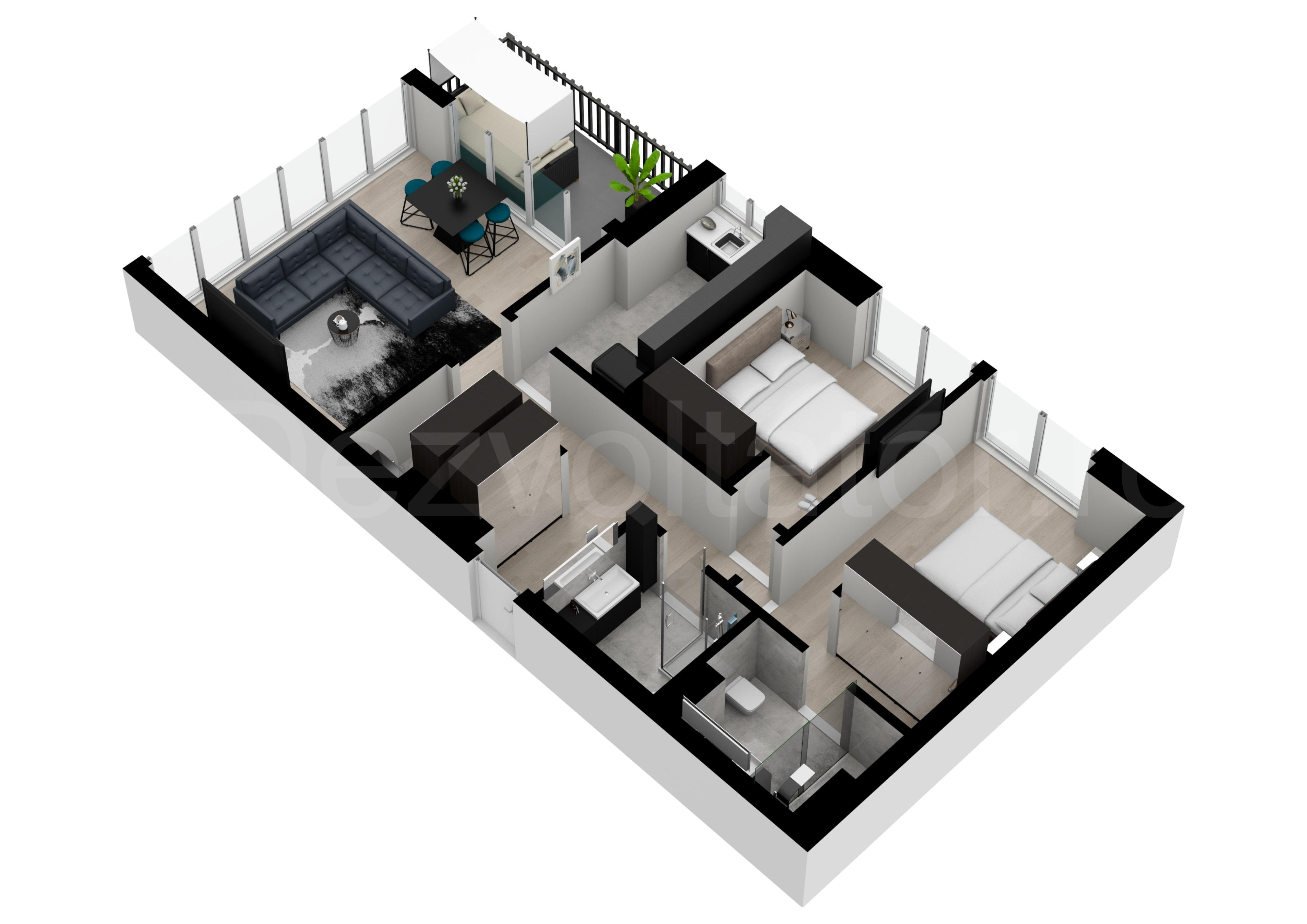 Apartament 3 Camere 91mp Petru Rares 1259 Proiecție 3D 