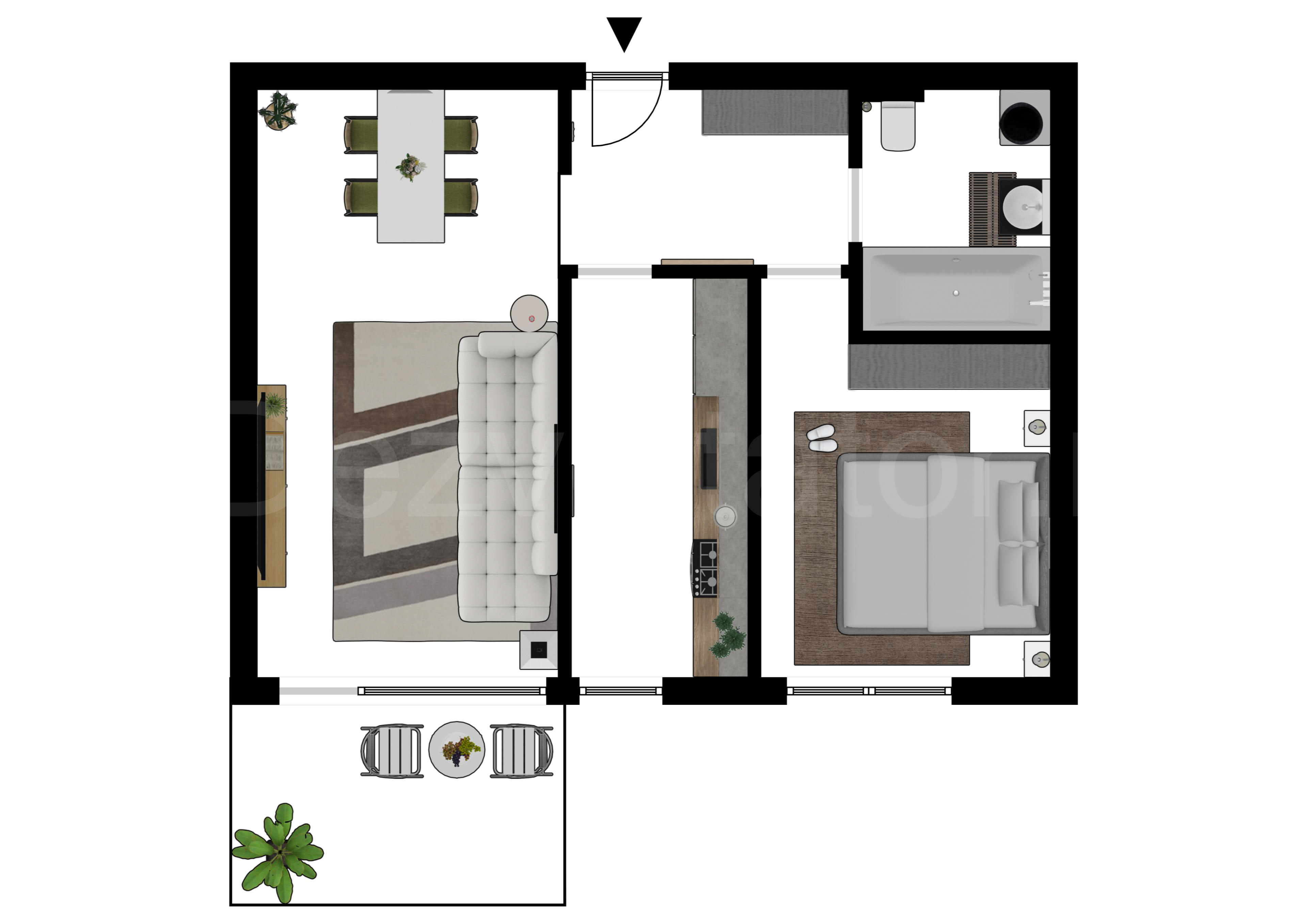 Proiecție 2D Apartament 2 Camere 60mp Luxuria Domenii Residence 