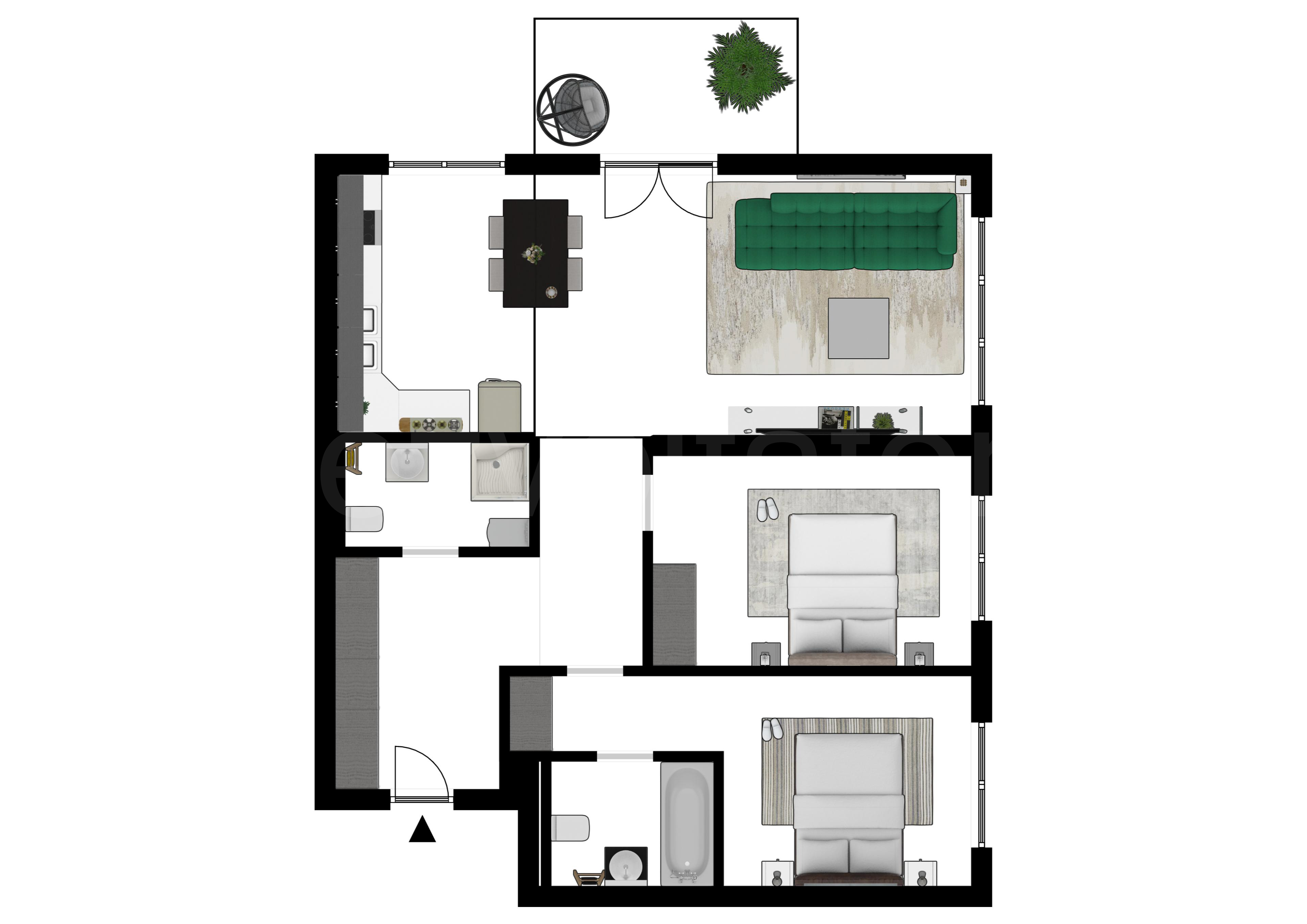 Proiecție 2D Apartament 3 Camere 90mp Luxuria Domenii Residence 