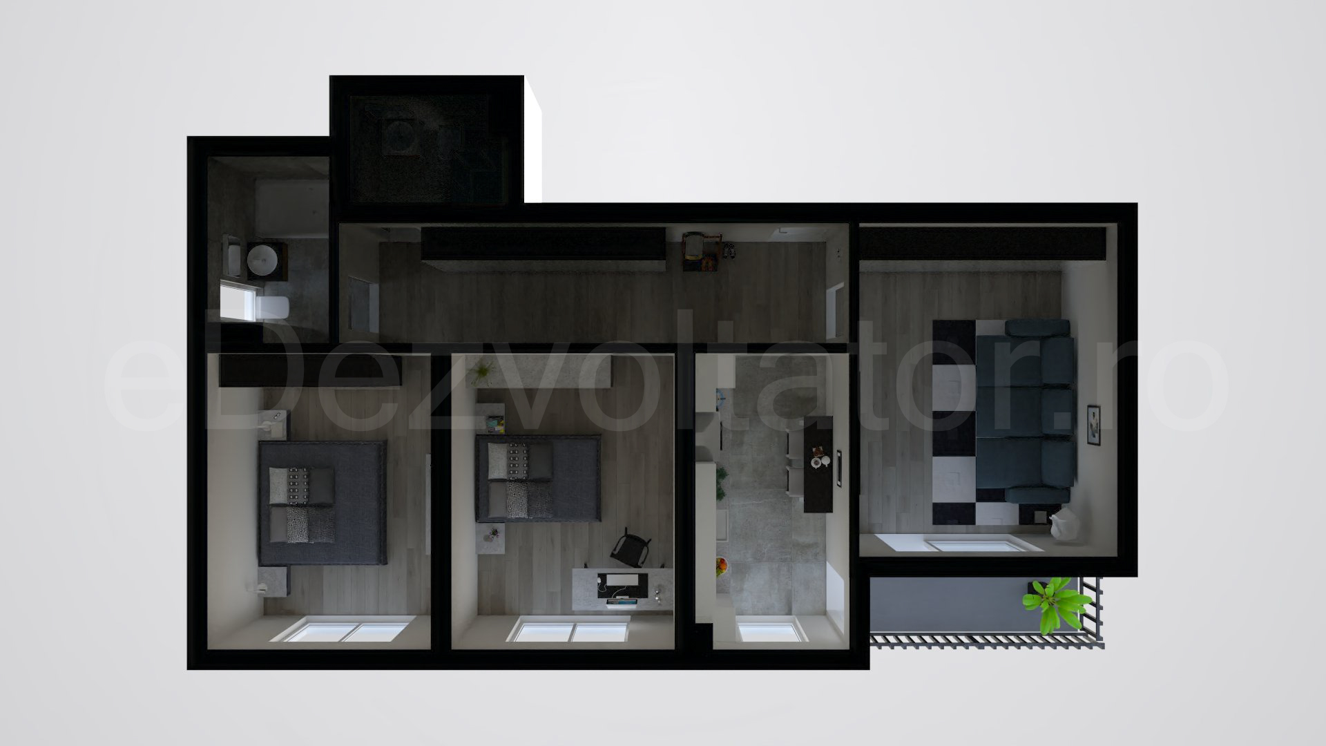 Simulare iluminat natural  Apartament 3 camere 80 mp Plaza Residence