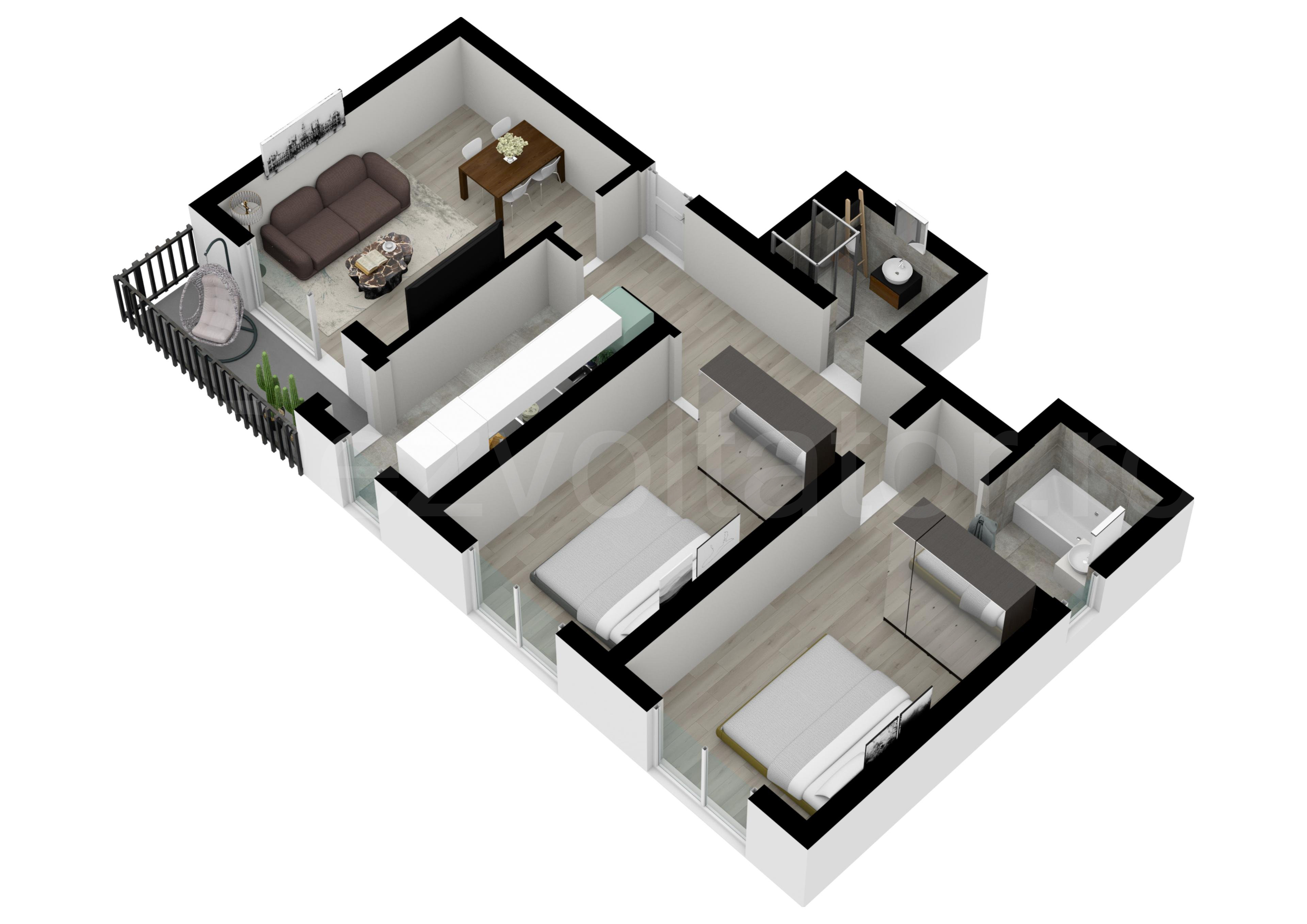 Apartament 3 Camere 80mp Plaza Residence Proiecție 3D 