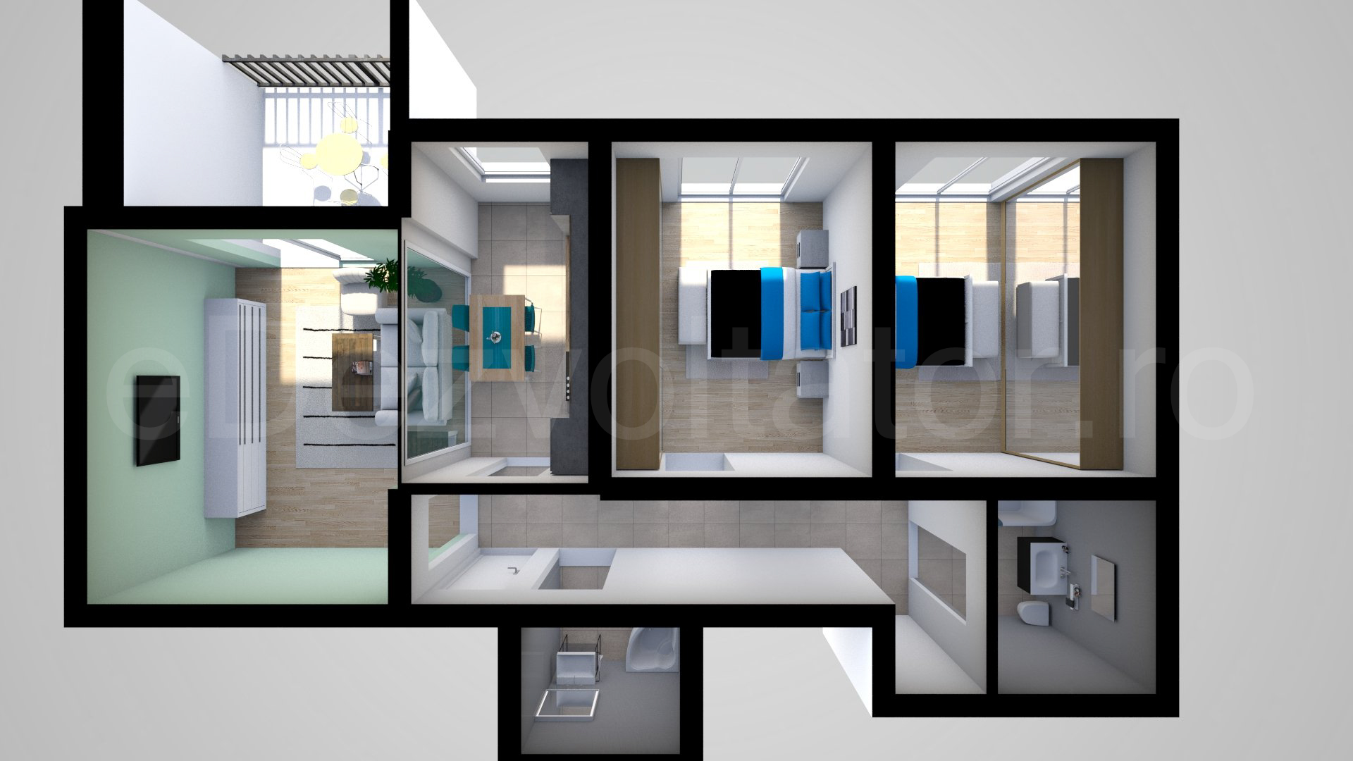 Proiecție 3D Apartament 3 camere 85 mp Aqua City