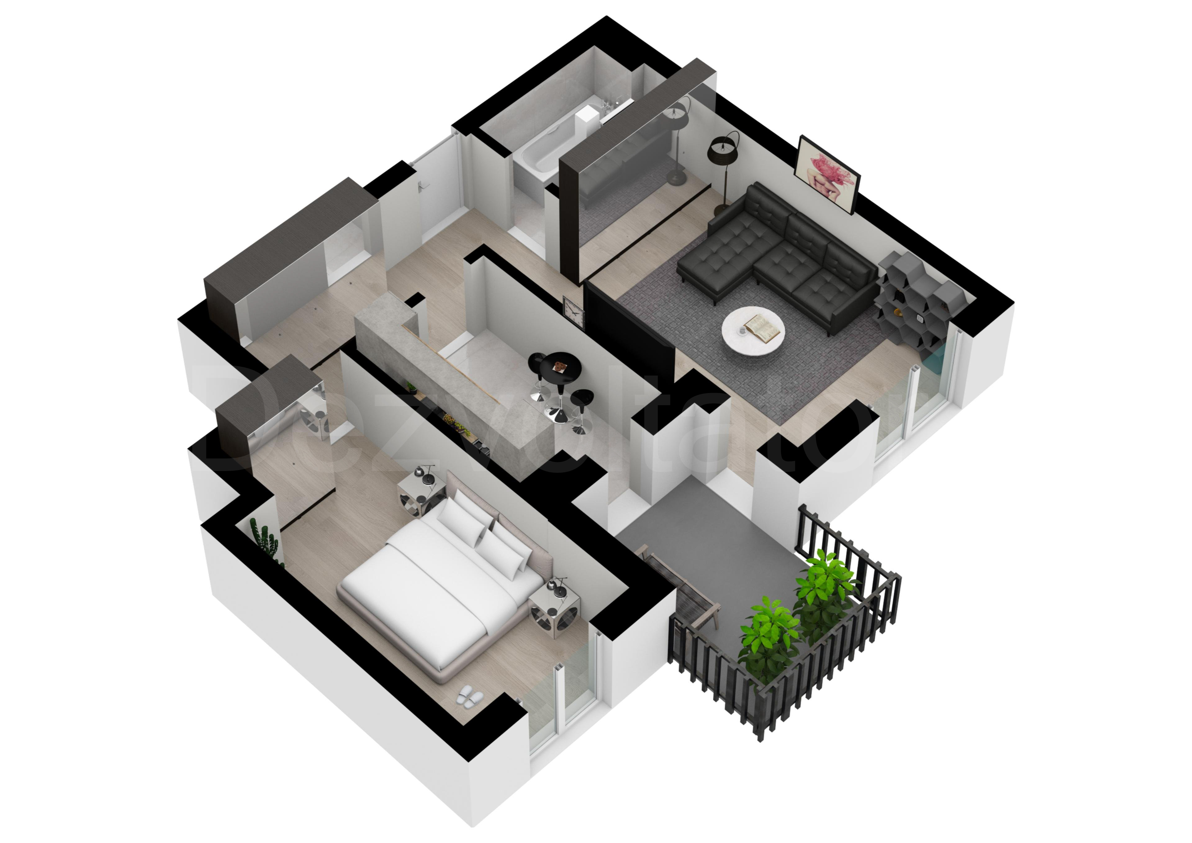 Proiecție 3D Apartament 2 camere 58 mp Parcului 20