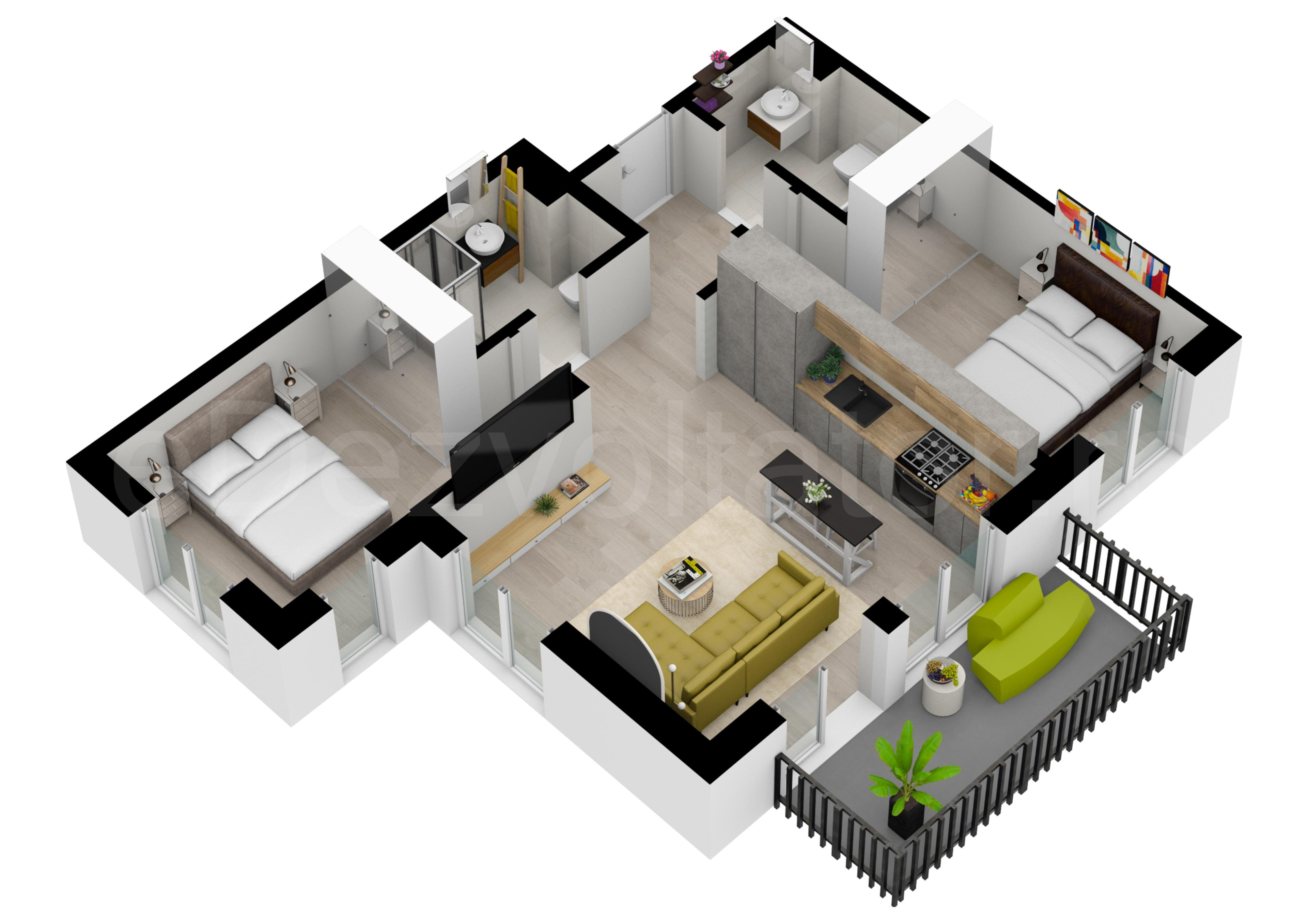 Proiecție 3D Apartament 3 camere 70 mp Parcului 20