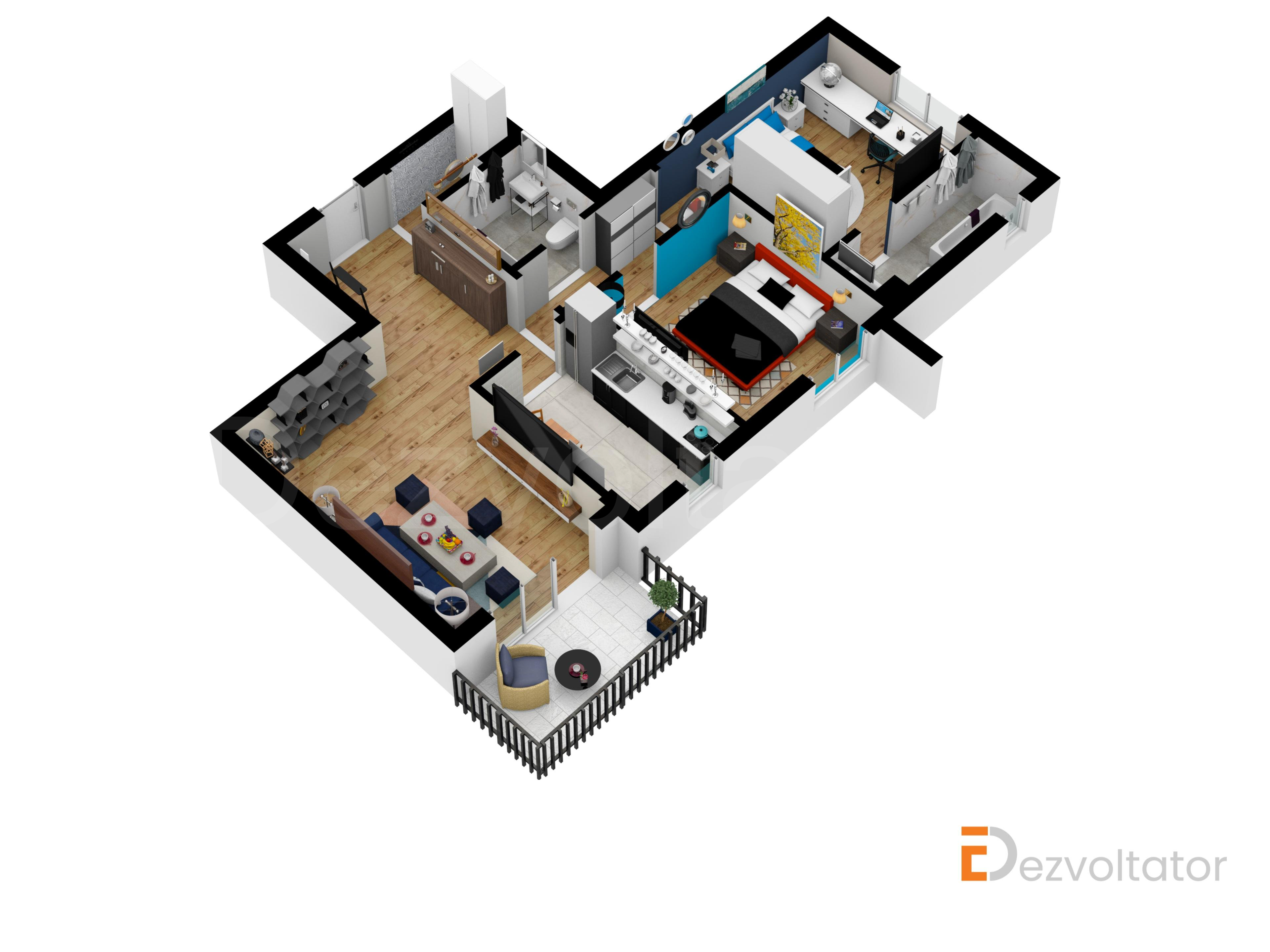 Apartament 3 Camere 85mp Orzari 15 Proiecție 3D 