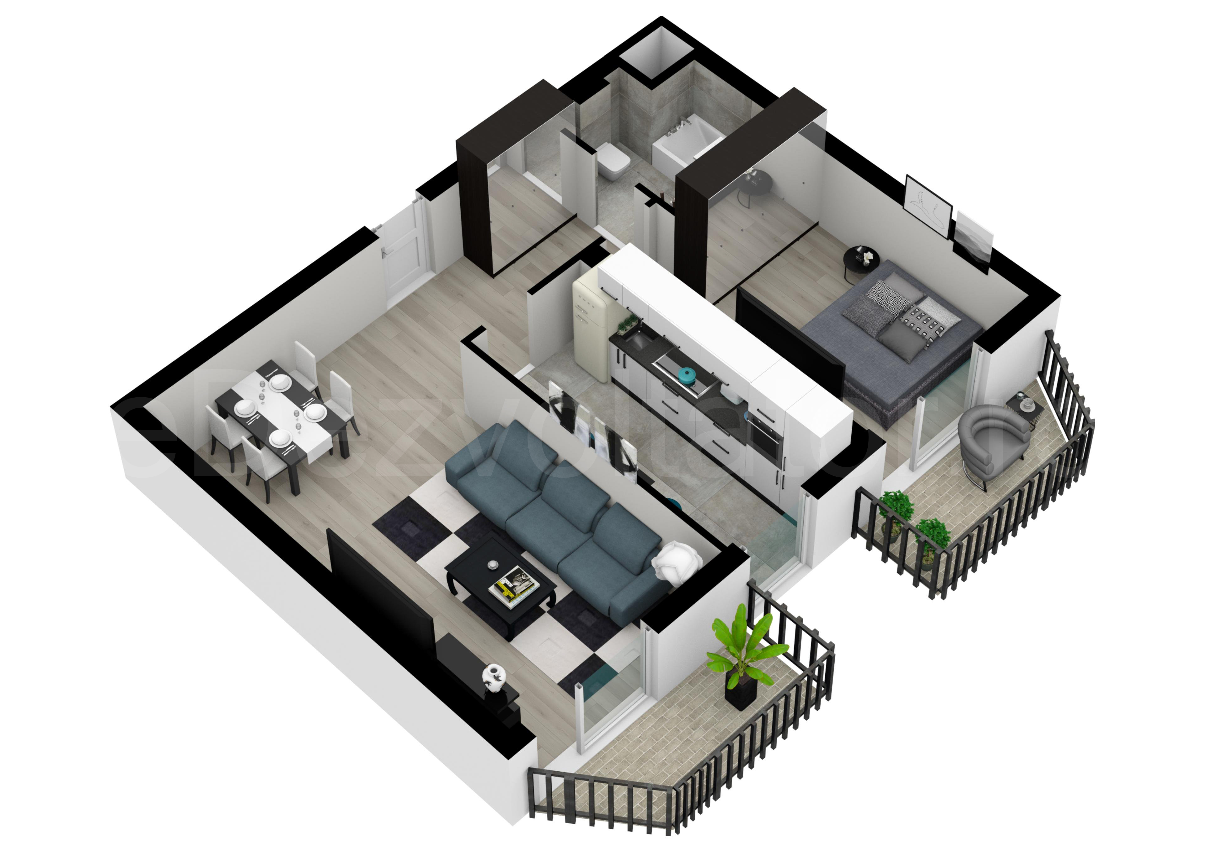 Proiecție 3D Apartament 2 camere 68 mp Herastrau Parkview