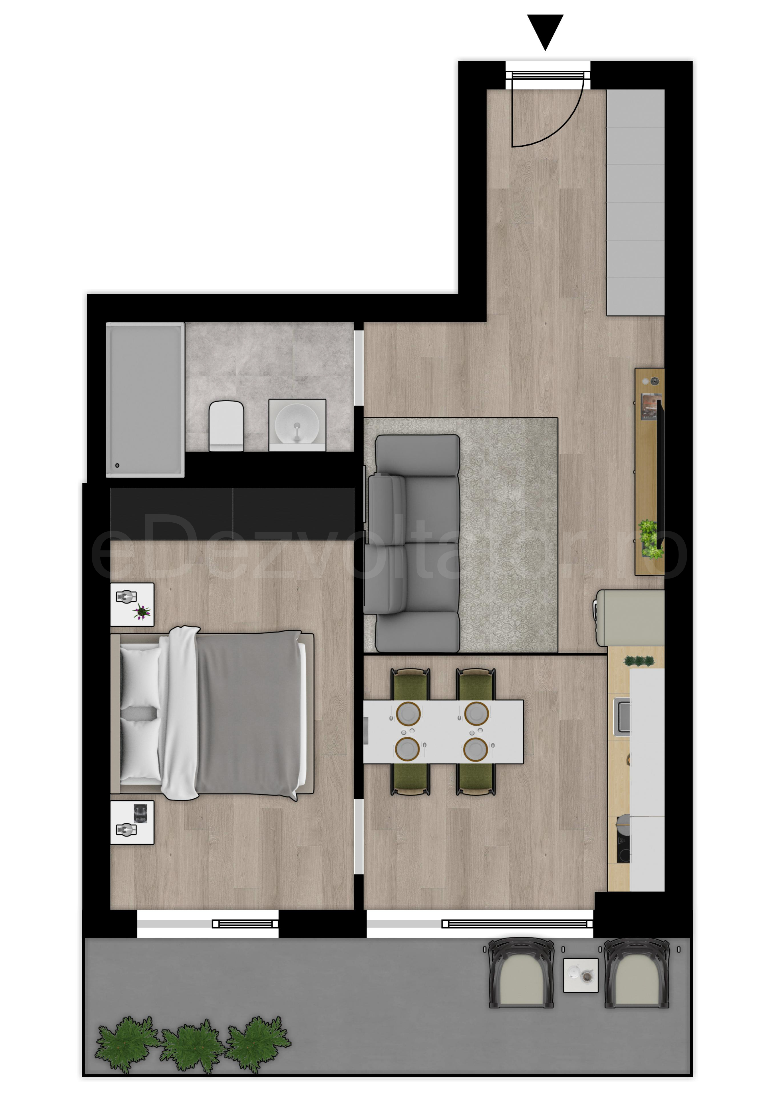 Proiecție 2D Apartament 2 Camere 50mp Marmura Residence 
