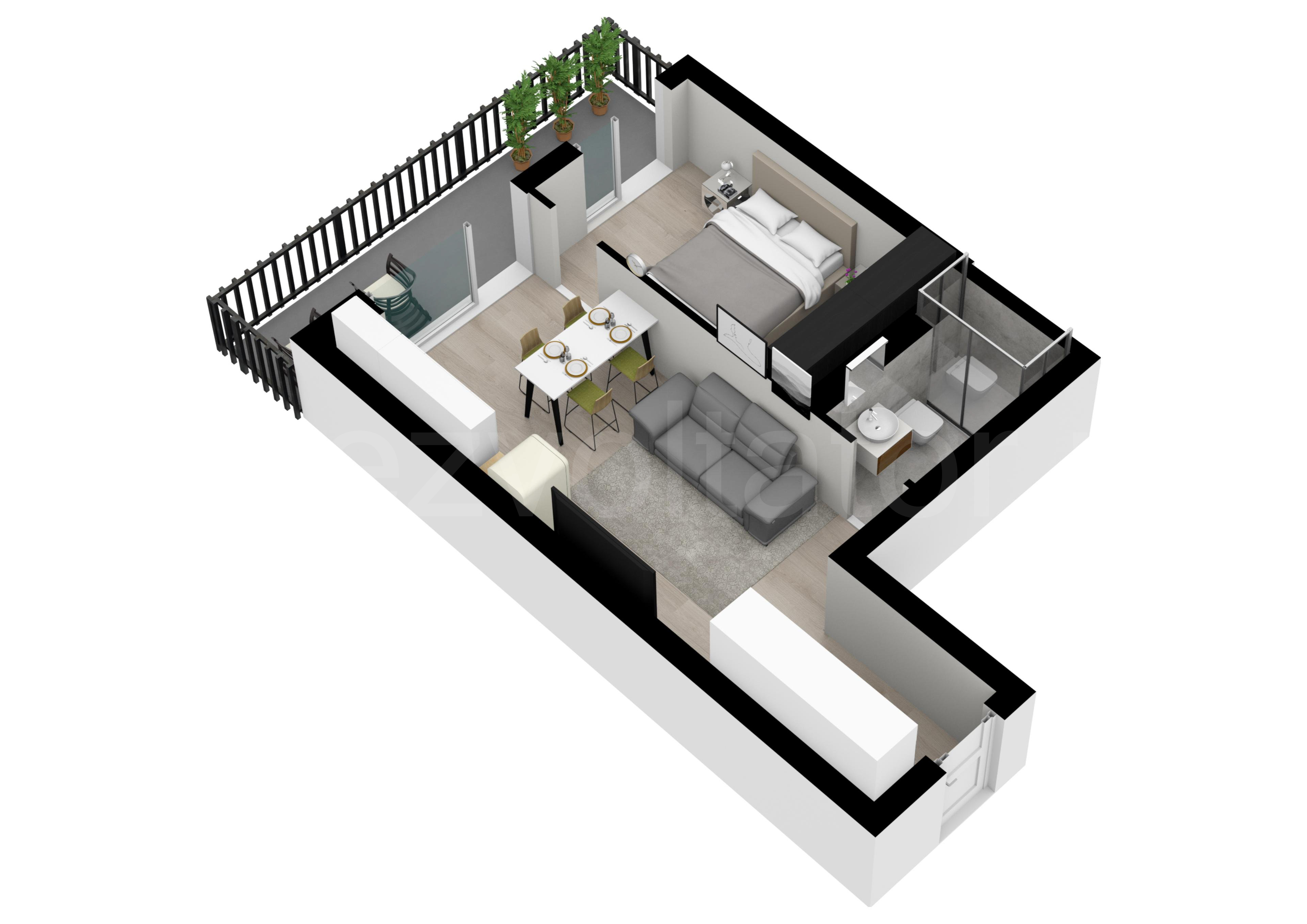 Proiecție 3D Apartament 2 Camere 50mp Marmura Residence